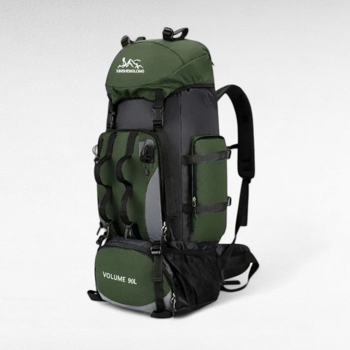 "Men's 90L waterproof hiking backpack, lightweight, durable, with ergonomic straps and multiple compartments, in blue color."