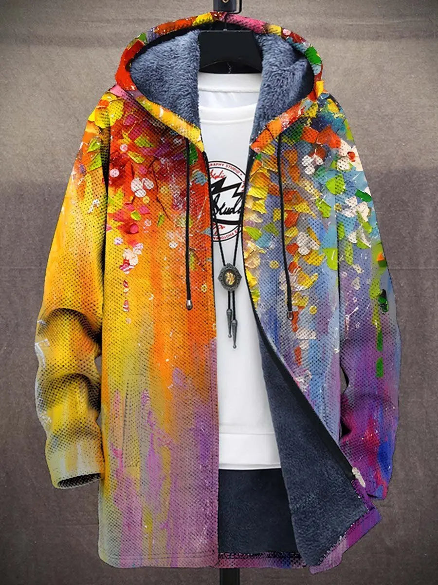 Men's colorful abstract art print zip-up hoodie cardigan, plush lined, perfect for casual streetwear.