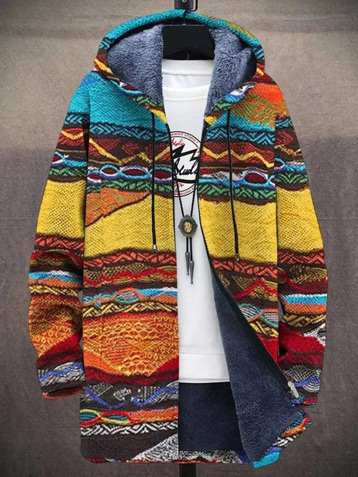 Comfortable men's plush-lined zip-up hoodie cardigan with unique abstract art print, ideal for casual wear.