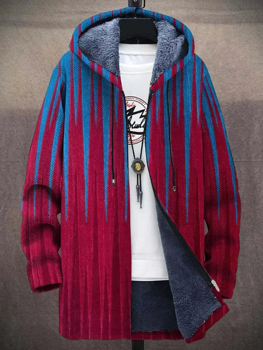 Stylish men's abstract art print zip-up hoodie cardigan, a colorful outerwear statement for streetwear fashion.