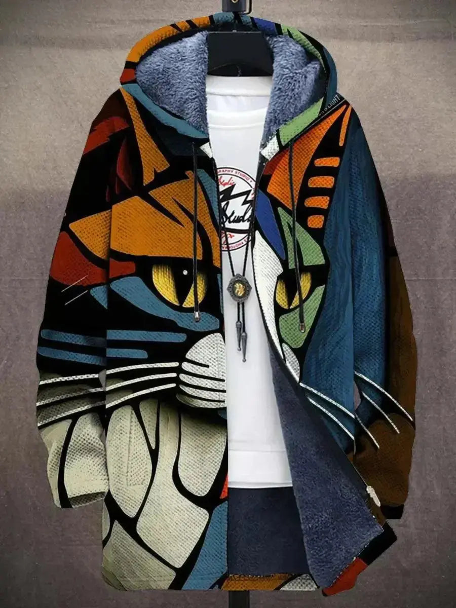 Man modeling a vibrant abstract art print zip-up hoodie cardigan, showcasing the comfortable casual style.