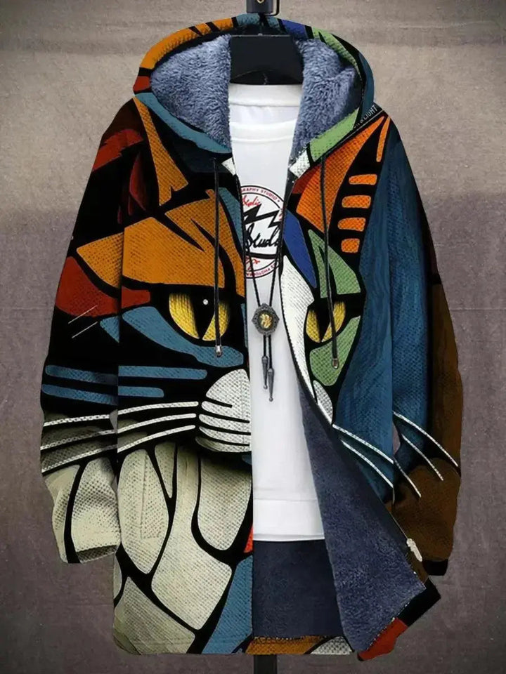 Man modeling a vibrant abstract art print zip-up hoodie cardigan, showcasing the comfortable casual style.