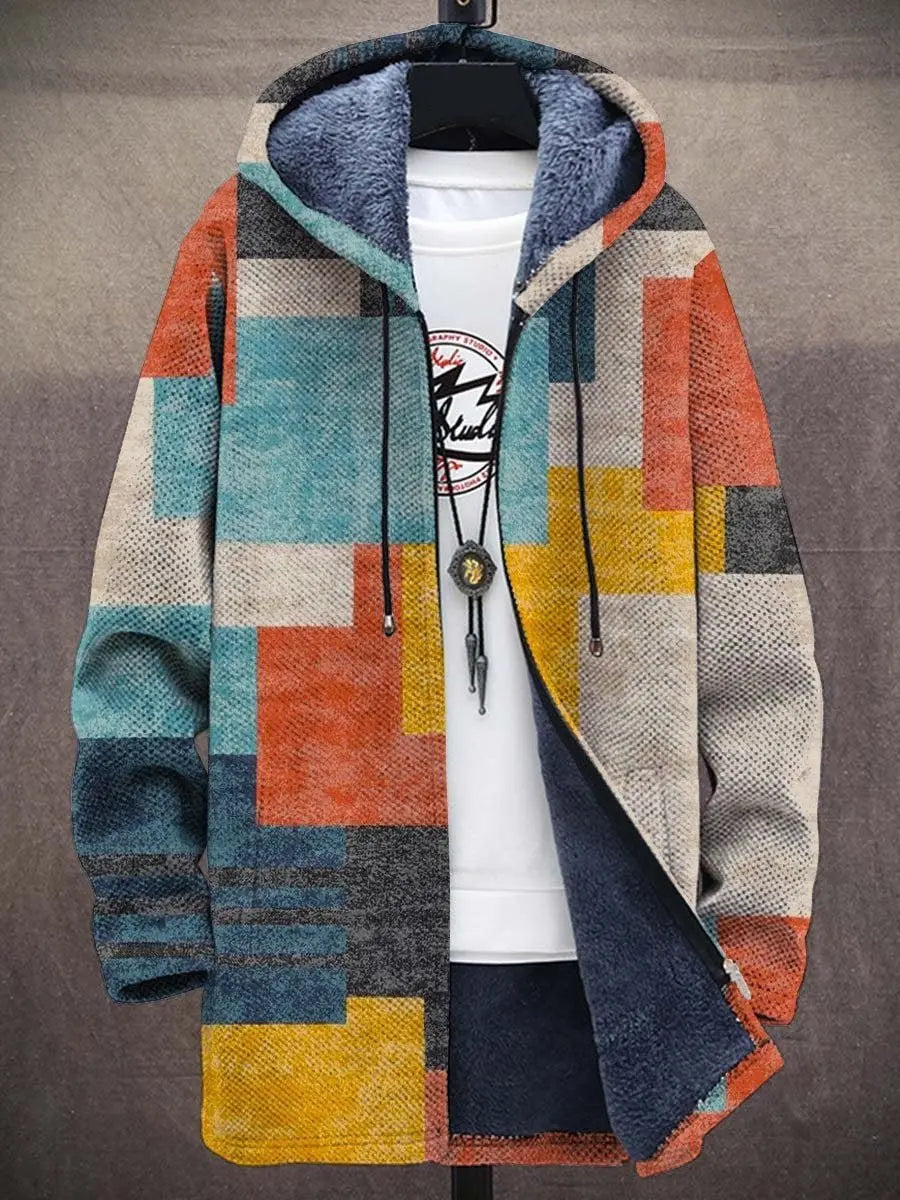 Versatile men's abstract art print zip-up hoodie cardigan, a cozy and colorful outerwear for any season.