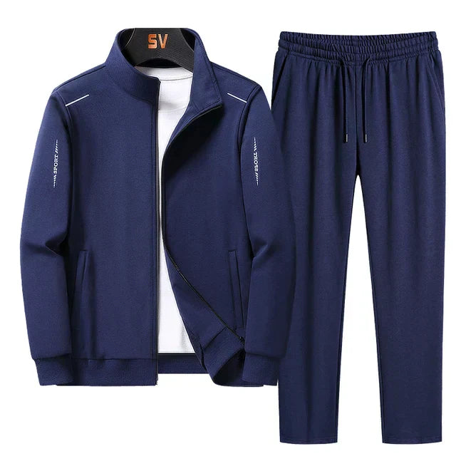 Men's athletic tracksuit set with zip-up jacket and joggers, black design, perfect for workouts and casual outings.