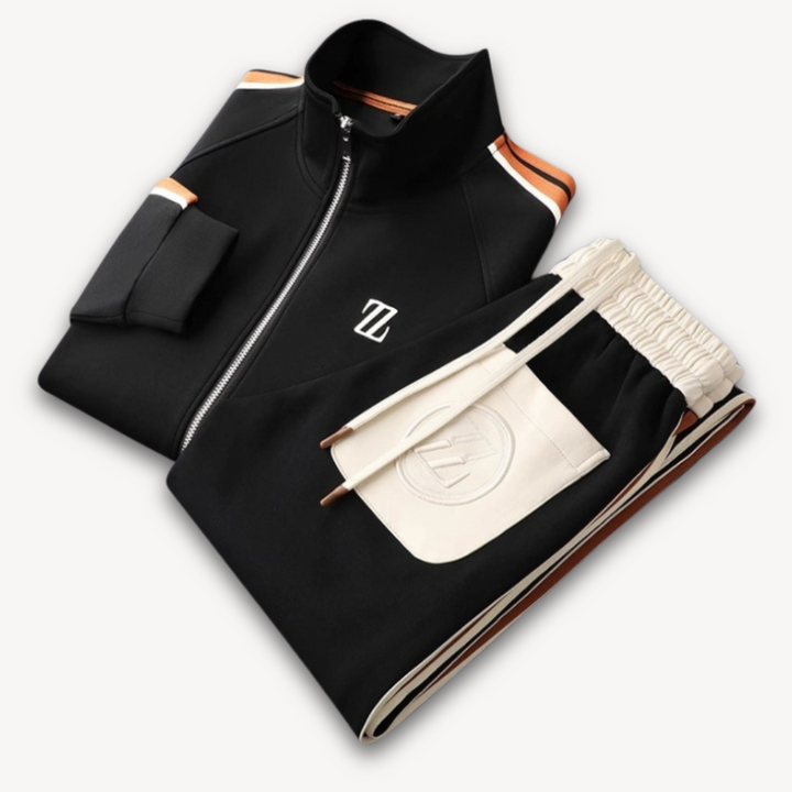Men's beige tracksuit set with contrast stripes, featuring a slim fit, ribbed cuffs, and elastic waist, perfect for casual st
