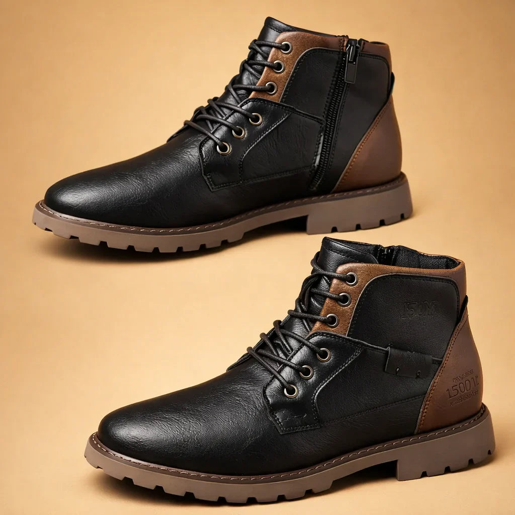 Side view of men's durable lace-up boots, highlighting rugged sole for grip and comfortable design for everyday walking.