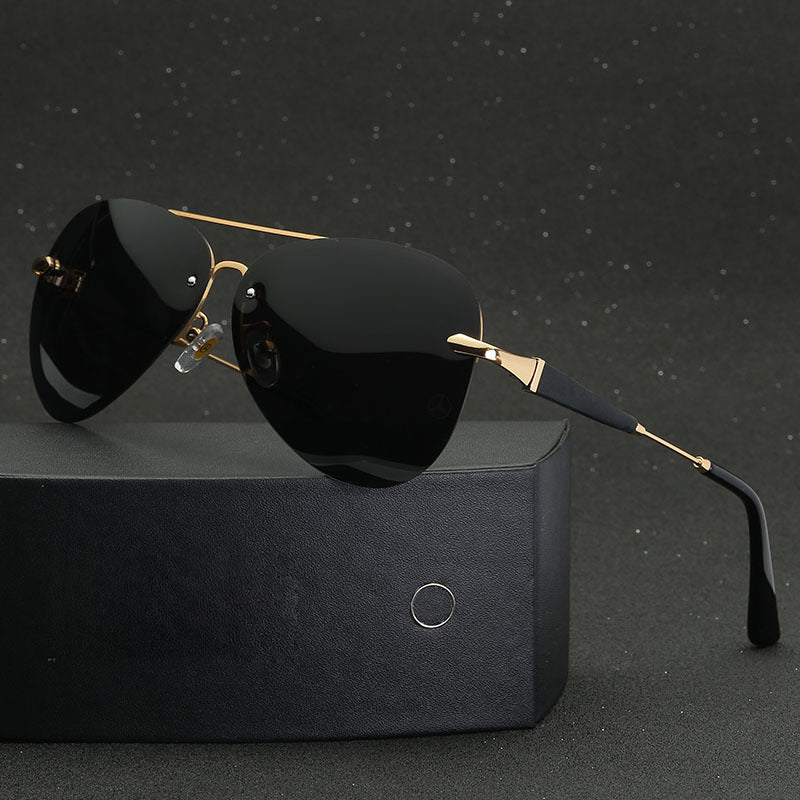 "Men's black polarized aviator sunglasses with sleek frame, offering UV protection and classic style for all occasions."