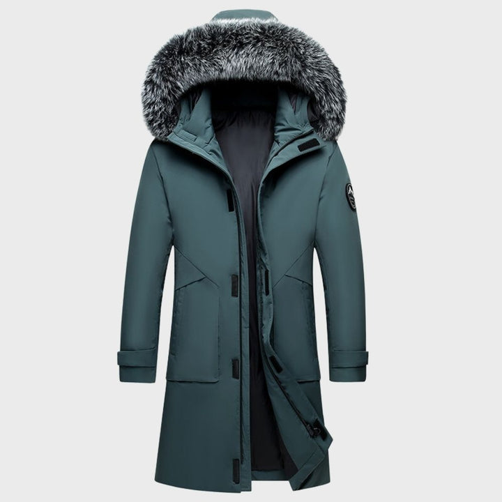 Men's blue thermal waterproof jacket with fur lining, featuring a stylish fit, ideal for winter weather protection.