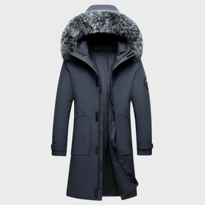 Men's blue thermal waterproof jacket with fur lining, featuring a stylish fit, ideal for winter weather protection.