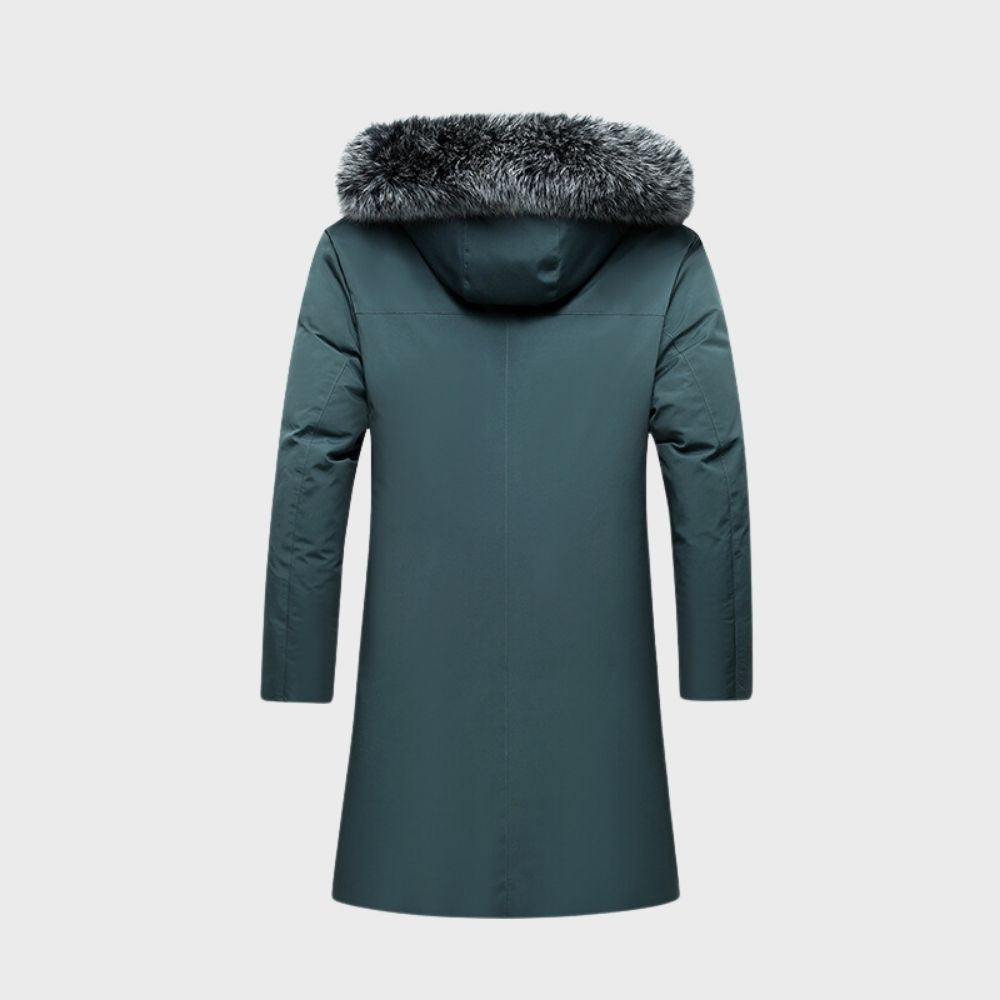 Men's blue thermal waterproof jacket with fur lining, featuring a stylish fit, ideal for winter weather protection.