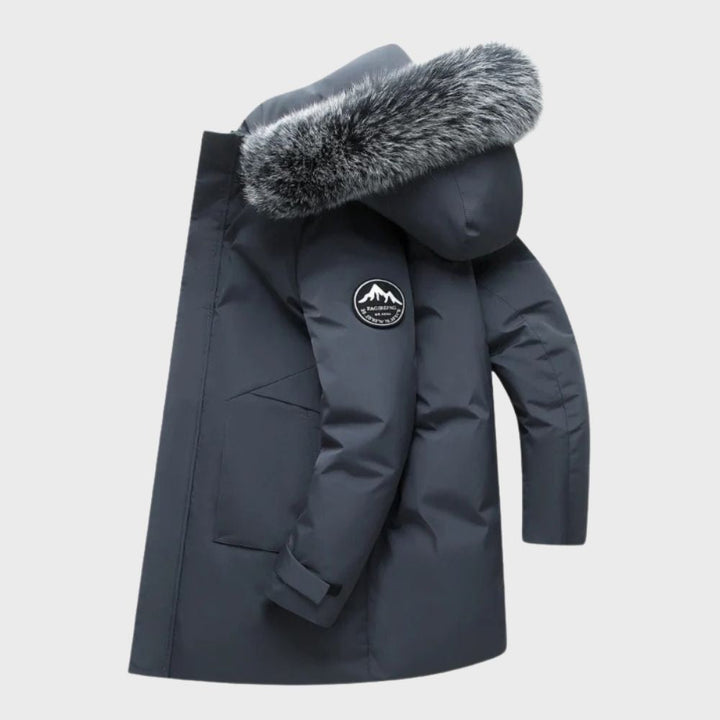 Men's blue thermal waterproof jacket with fur lining, featuring a stylish fit, ideal for winter weather protection.
