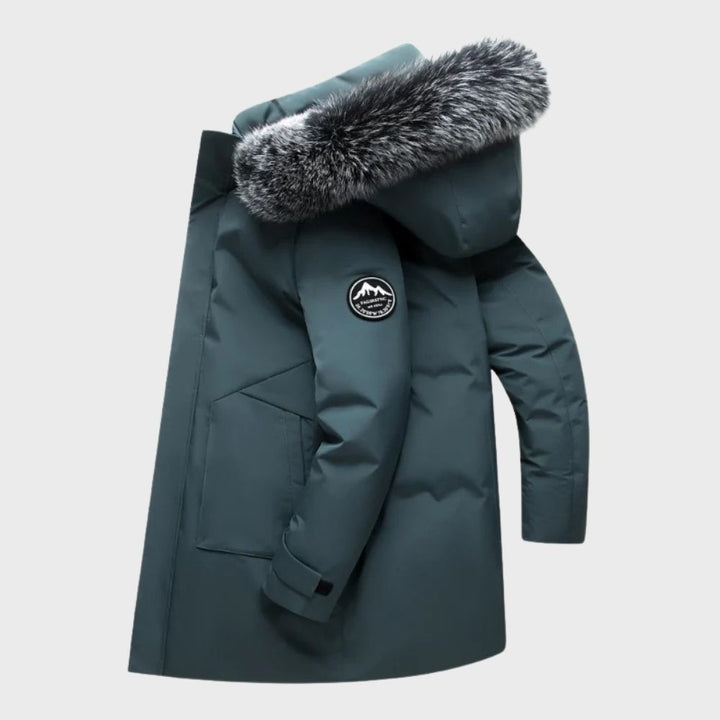 Men's blue thermal waterproof jacket with fur lining, featuring a stylish fit, ideal for winter weather protection.