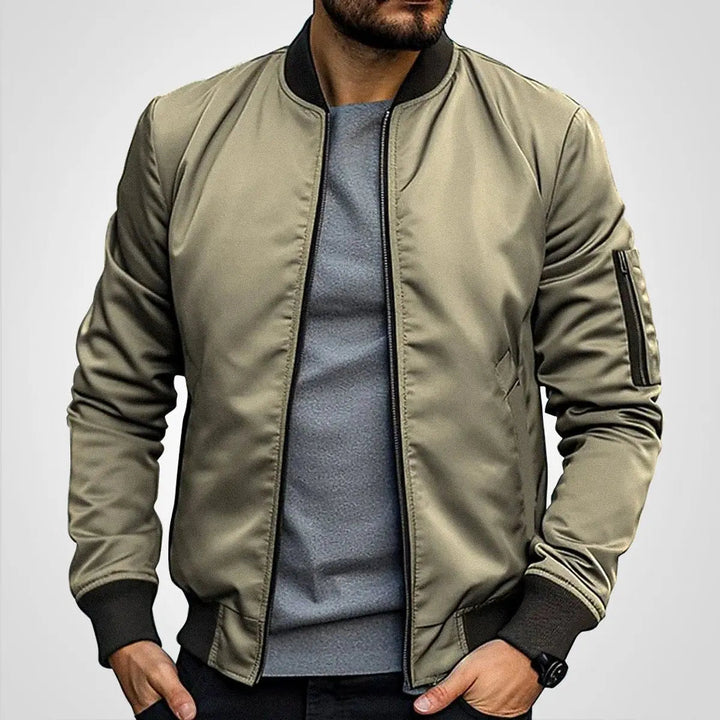 Versatile men's classic bomber flight jacket. Zip-up design with ribbed collar for everyday casual outerwear.