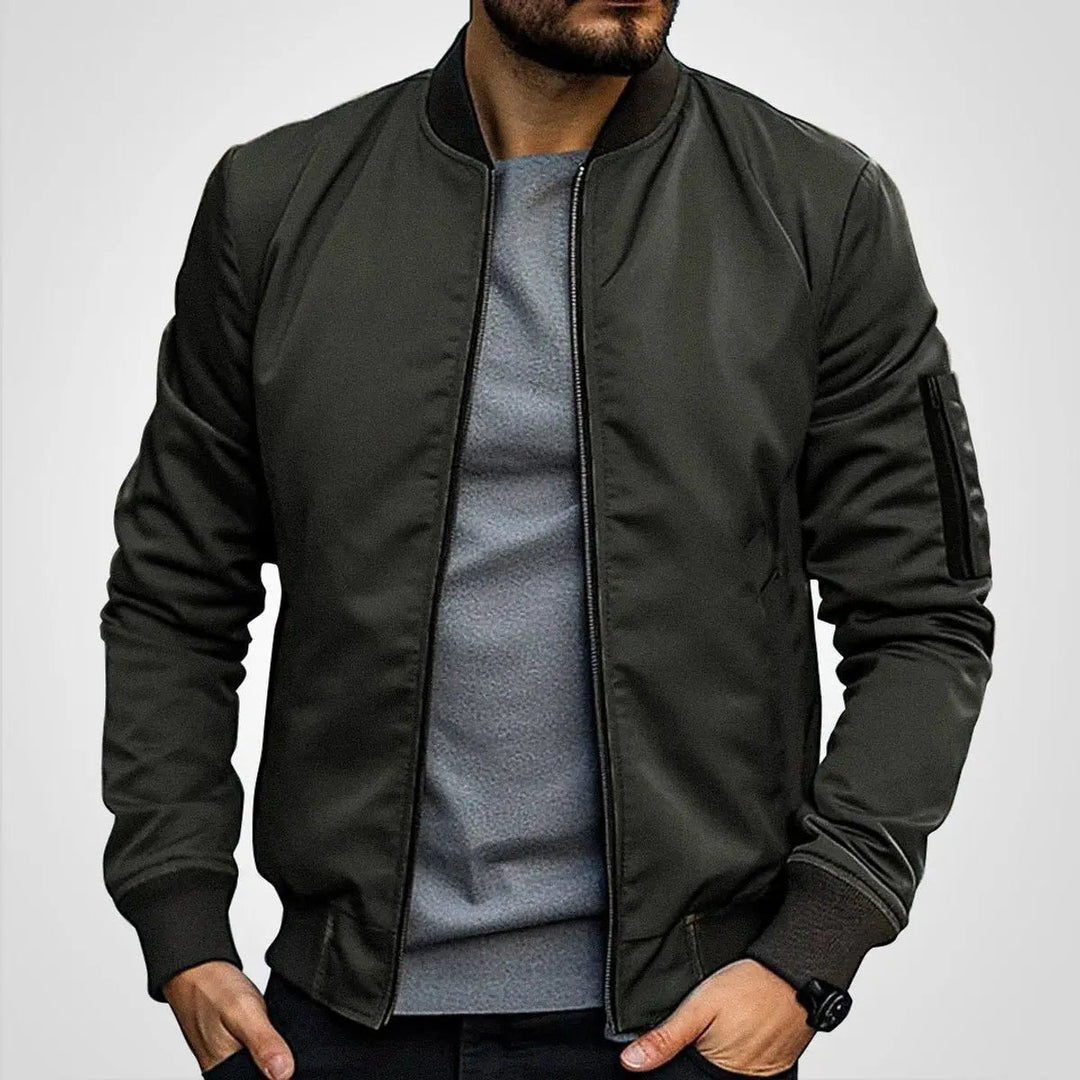 Classic men's flight jacket, bomber style with full zip-up & comfy ribbed collar. Great for casual fashion.