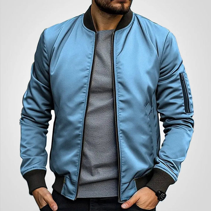 Robust men's classic bomber jacket, zip-up front, ribbed collar. A timeless piece of casual flight outerwear.