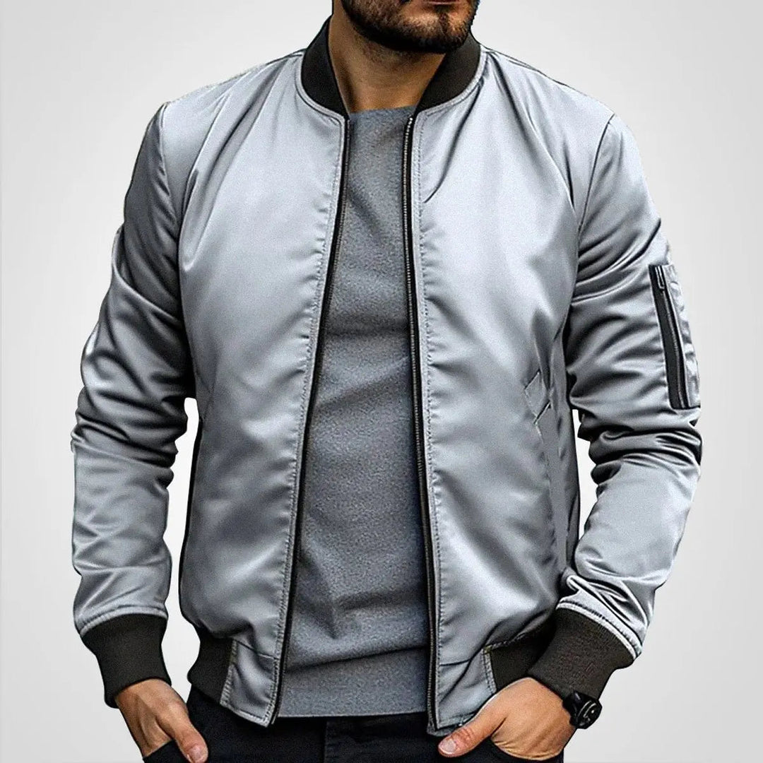 Stay stylish with this men's classic bomber flight jacket. Zip-up and ribbed collar design for modern casual wear.