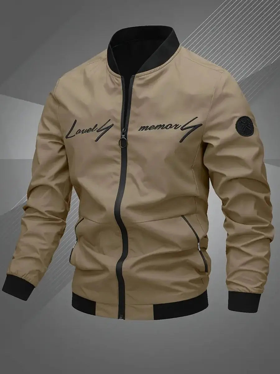 Side profile of a men's lightweight bomber jacket, offering a modern casual look.