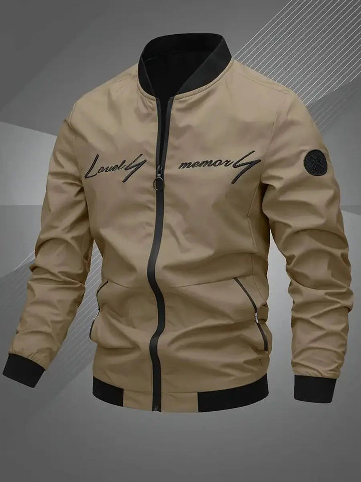 Side profile of a men's lightweight bomber jacket, offering a modern casual look.
