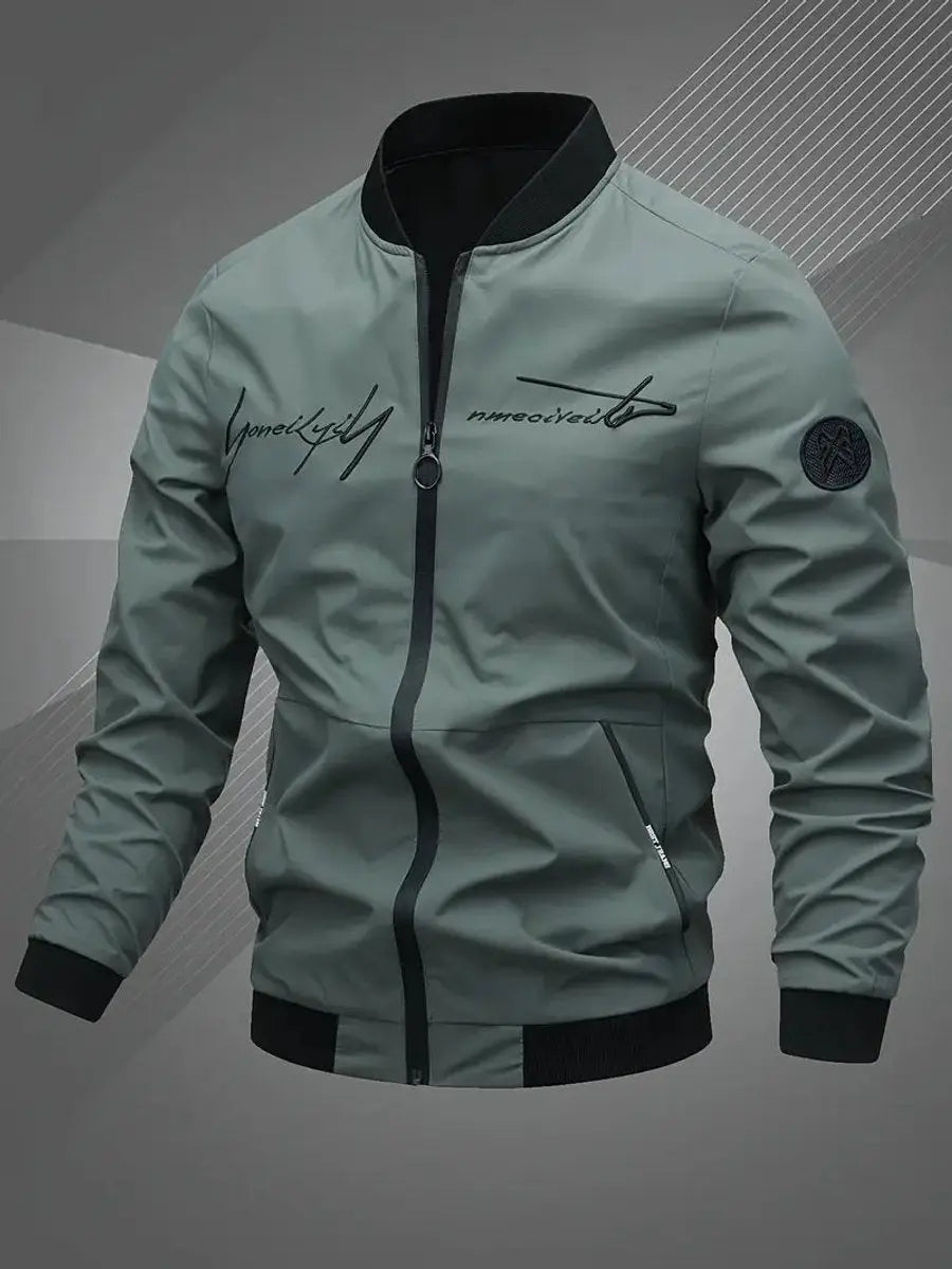 Detail shot of baseball collar on men's lightweight zip-up casual jacket.