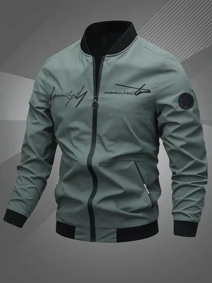 Front view of men's lightweight bomber jacket featuring a sturdy zip closure.