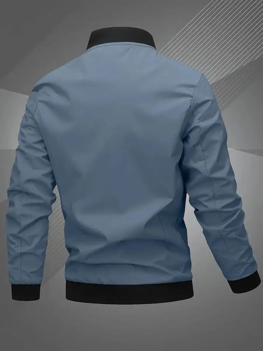 Back view of men's lightweight bomber jacket, showcasing regular fit & ribbed hem.