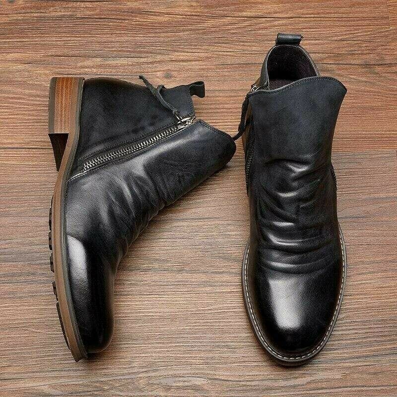 Back view: Men's stylish casual boots, emphasizing the chunky heel & elegant design. Durable footwear.