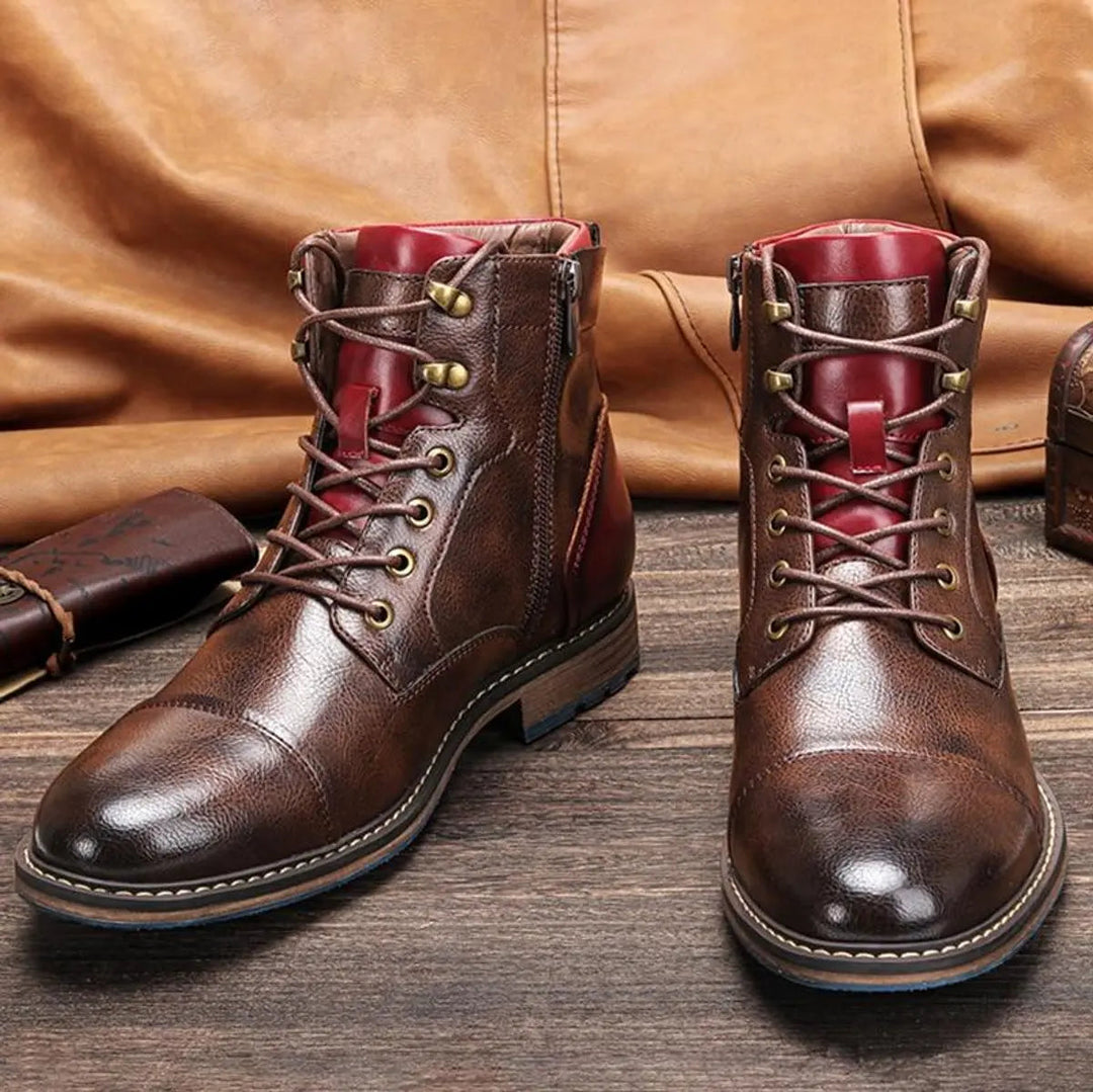 Men's leather lace-up oxford ankle boots with classic cap toe design & convenient side zip.