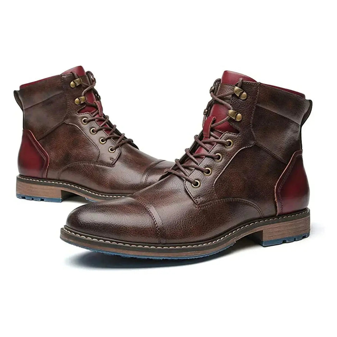 Versatile men's leather dress boots; lace-up oxford ankle style with a subtle cap toe and side zip.