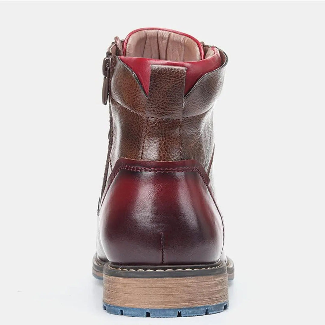 High-quality men's leather ankle boots, lace-up closure with an elegant cap toe and oxford detailing.