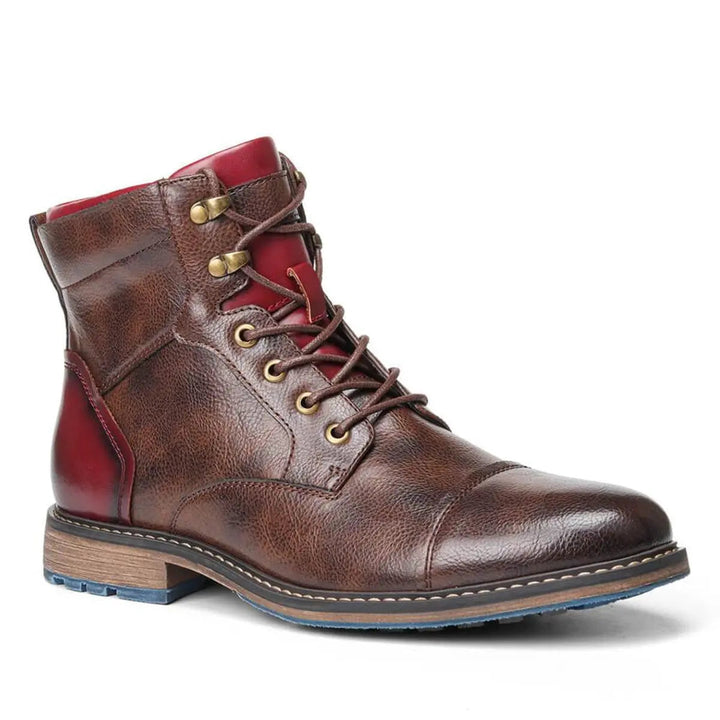 Durable men's leather oxford ankle boots, featuring lace-up fastening, cap toe, and practical side zipper.