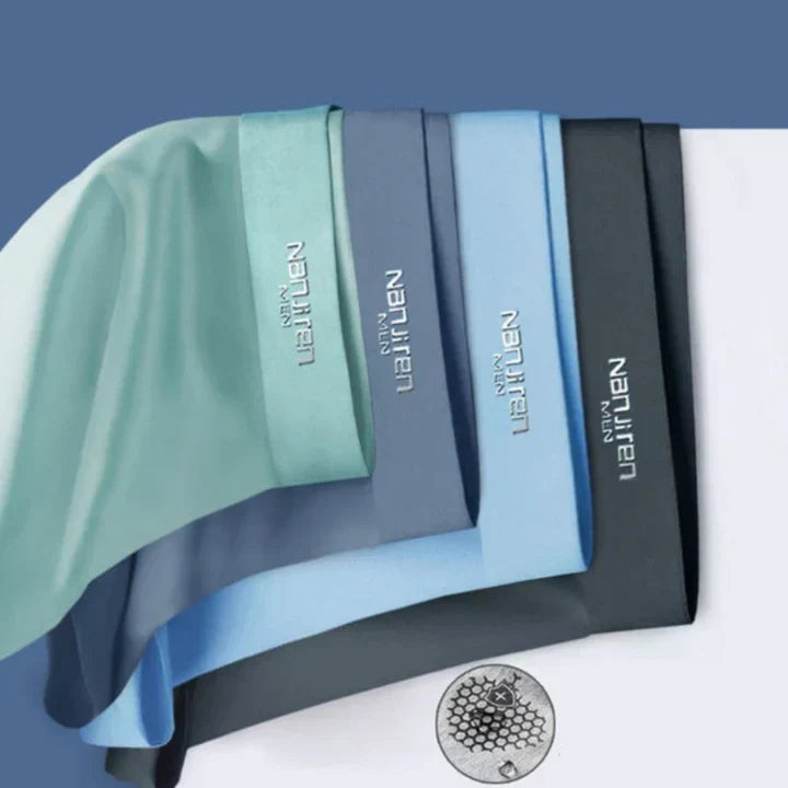 "Men's breathable boxers 4-pack, moisture-wicking, soft fabric, elastic waistband, stylish colors, comfortable fit."