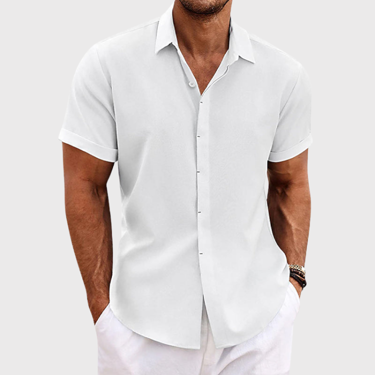 "Men's breathable linen short sleeve shirt, front view, lightweight fabric, button-up style for casual and semi-formal occasi