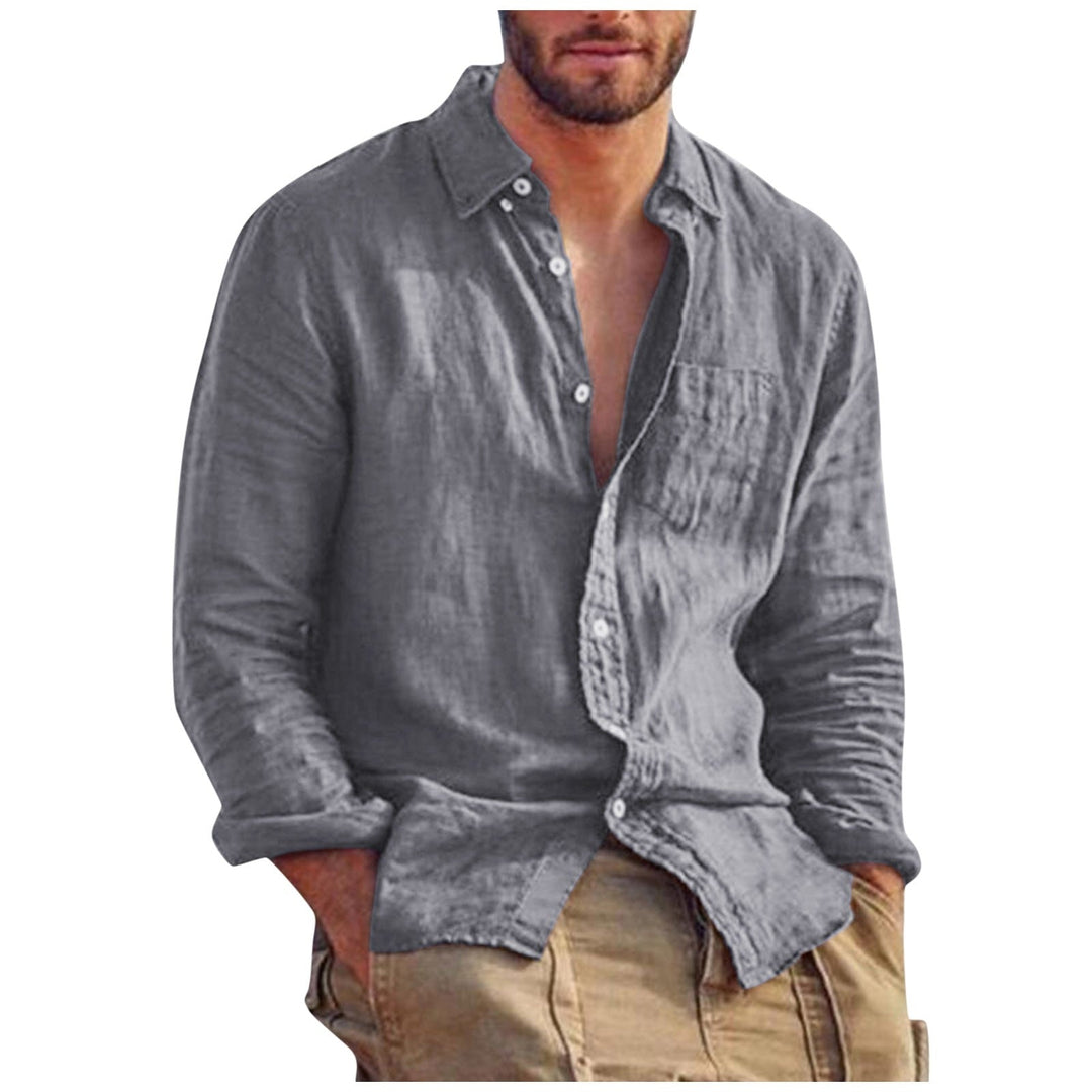 Men's breathable long sleeve linen shirt, solid color, classic fit, perfect for summer casual days.