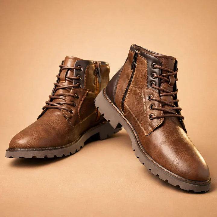 Men's rugged lace-up ankle boots in brown leather, perfect for everyday casual or smart casual style. Durable & comfortable.