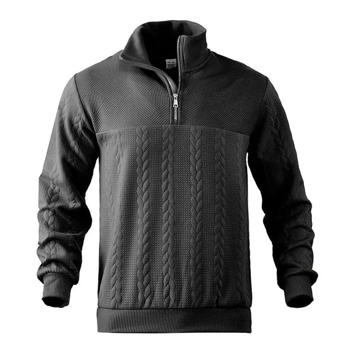 Warm men's cable knit quarter-zip jumper, perfect for layering during winter activities or casual outings.