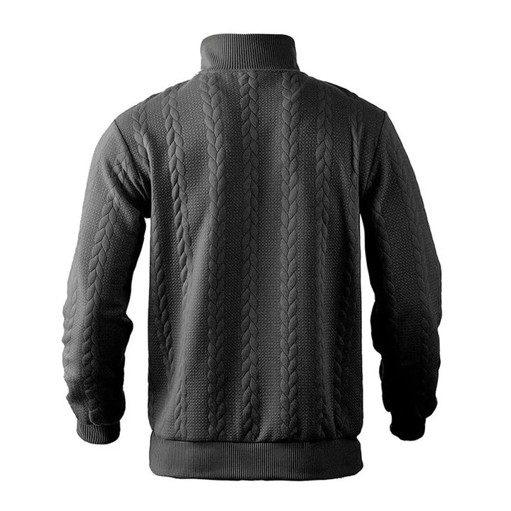 Timeless men's cable texture quarter-zip pullover, offering both warmth and smart casual style for winter.