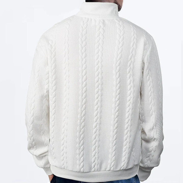 Men's winter cable texture quarter-zip pullover. Essential for layering, blending classic design with everyday comfort.