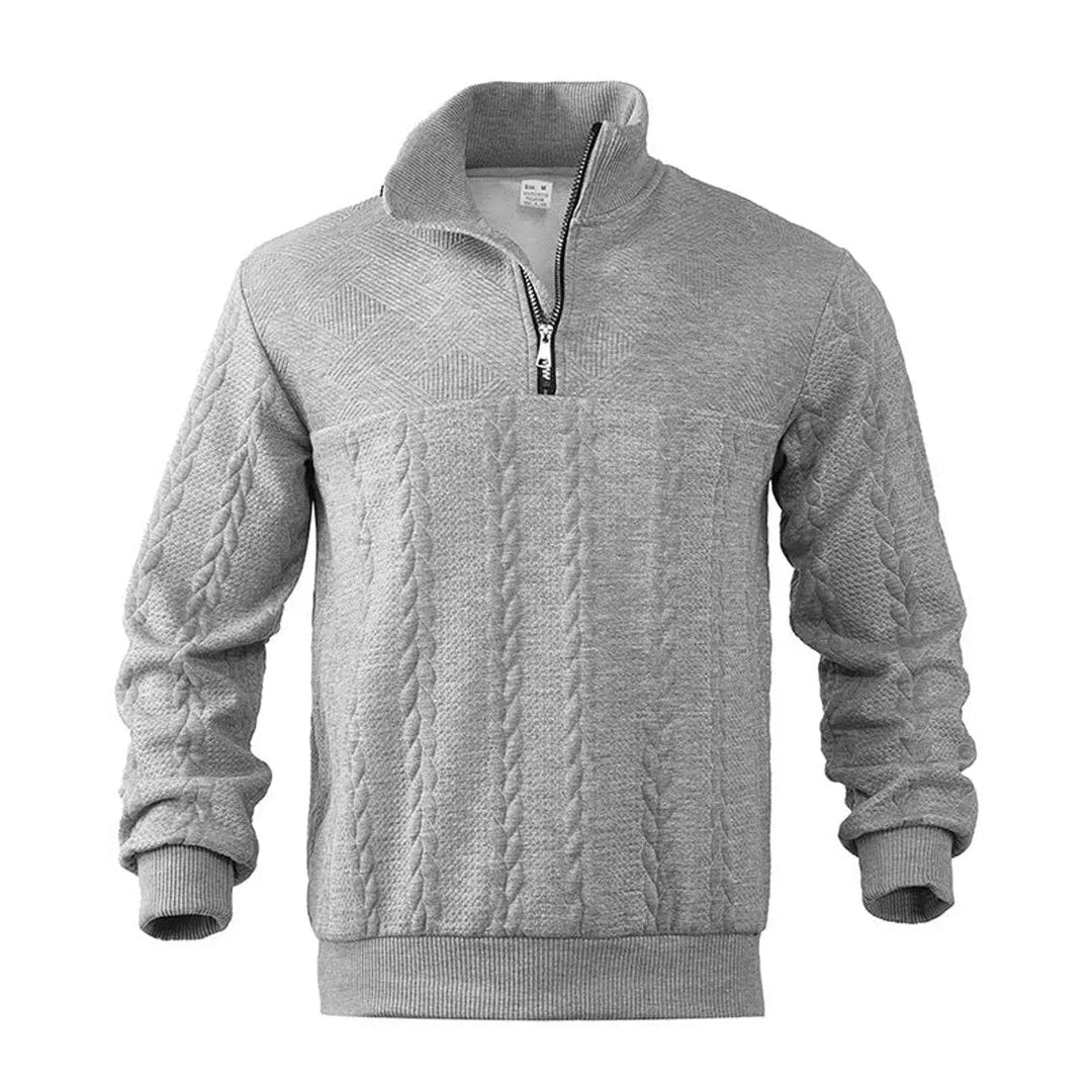 Stylish men's cable knit quarter-zip pullover. Perfect everyday layering piece for smart casual winter outfits.