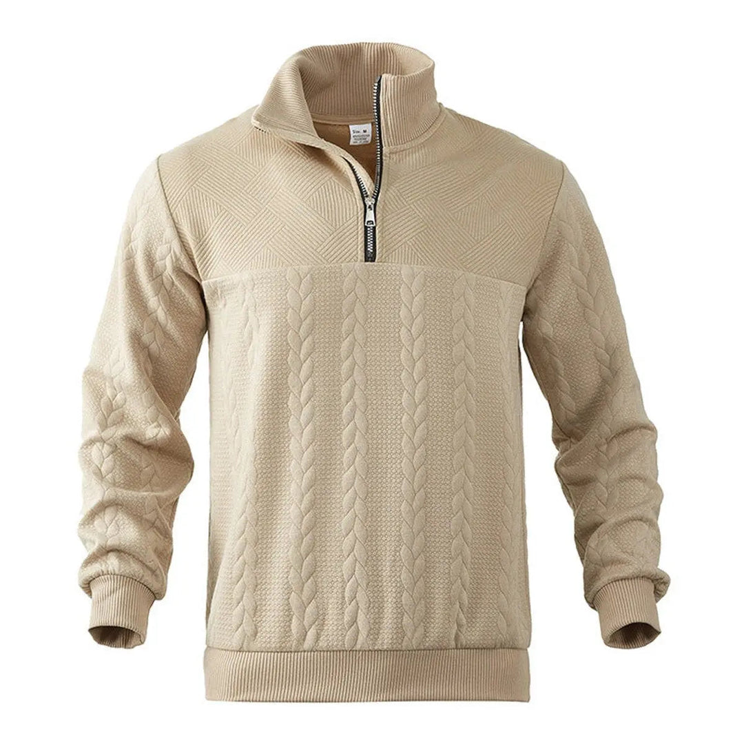 Close-up of men's cable texture quarter-zip pullover, highlighting the intricate knit and quality fabric.