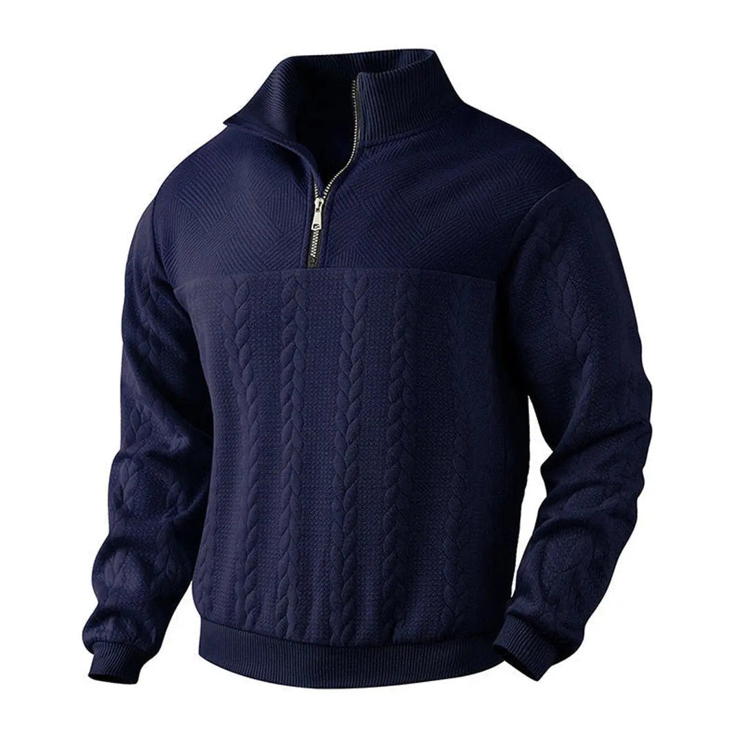 Everyday men's cable texture quarter-zip. Essential pullover for comfort & style in winter & cooler seasons.