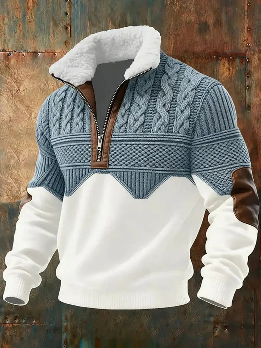 Men's warm quarter-zip pullover sweater with stand collar, ideal for casual winter fashion & smart-casual layering.