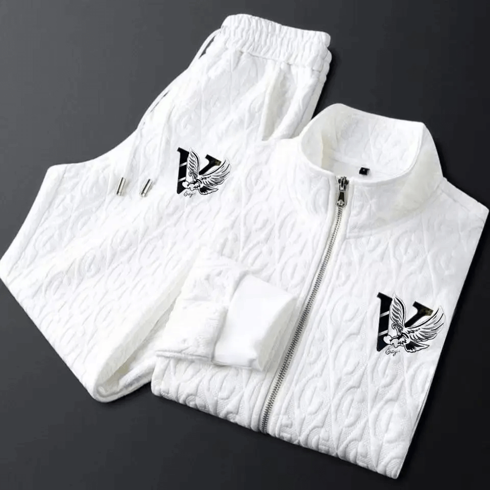 Men's cable-knit tracksuit set, full-zip jacket, drawstring pants, elegant and comfortable design, ideal for casual wear.