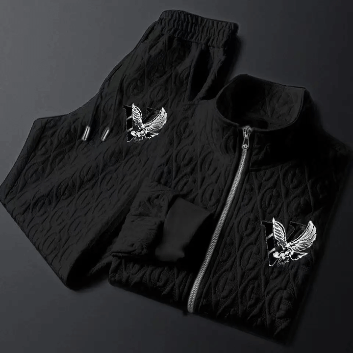 Men's cable-knit tracksuit set, full-zip jacket, drawstring pants, elegant and comfortable design, ideal for casual wear.