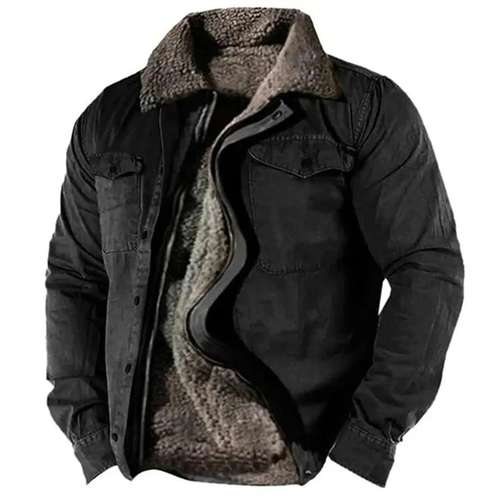 Men's warm sherpa-lined Western shirt jacket in a classic denim blue, perfect for stylish autumn and winter layering.