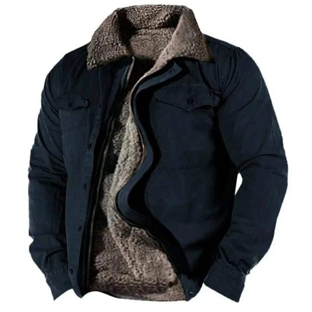Stylish men's Western shirt jacket with cozy sherpa lining, ideal as a casual autumn or winter outerwear piece.