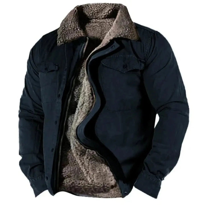 Stylish men's Western shirt jacket with cozy sherpa lining, ideal as a casual autumn or winter outerwear piece.