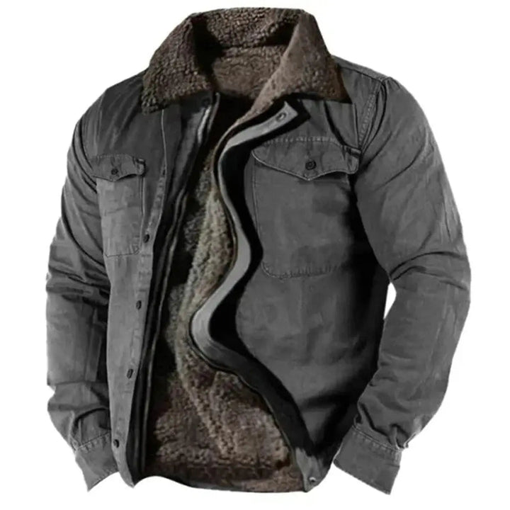 Fashionable men's Western style sherpa-lined shirt jacket, offering warmth and a rugged look for casual wear.