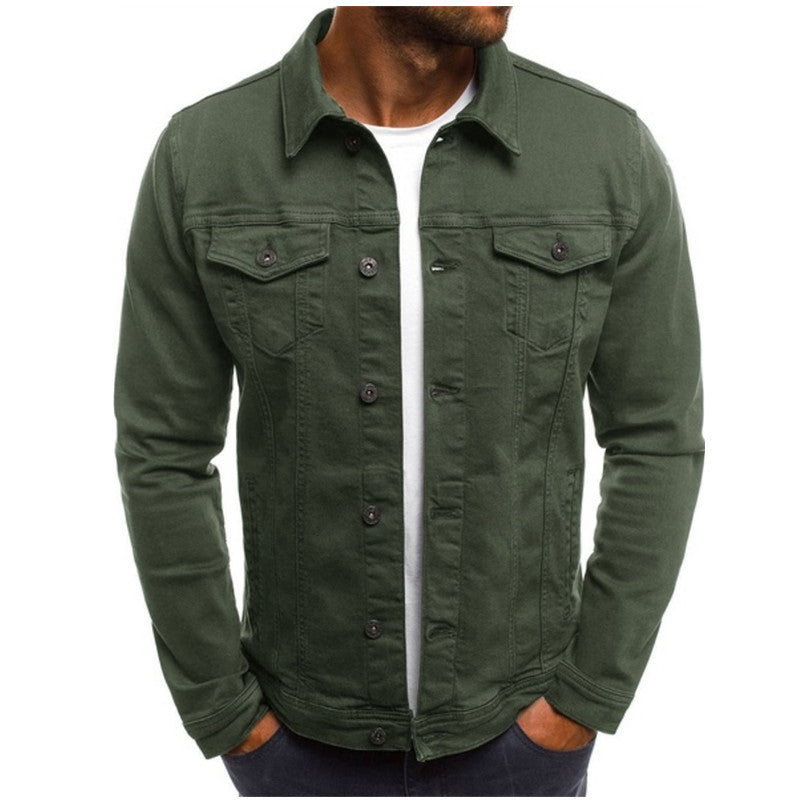"Men's casual denim jacket with multi-pocket design, stylish fit, blue wash, showcasing front view and rugged texture."