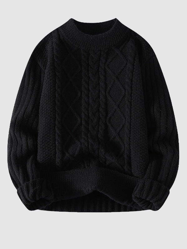 Close-up of a soft, classic men's cable knit crew neck sweater, a cozy essential for winter.