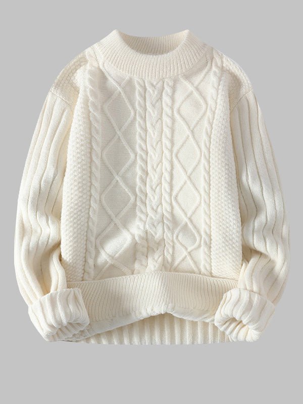 Man in a classic cable knit crew neck sweater, showcasing cozy and versatile winter fashion.